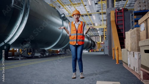 Full Body Of Wondering Asian Female Engineer With Safety Helmet Saying Why Working Doubtfully In Pipe Manufacturing Factory