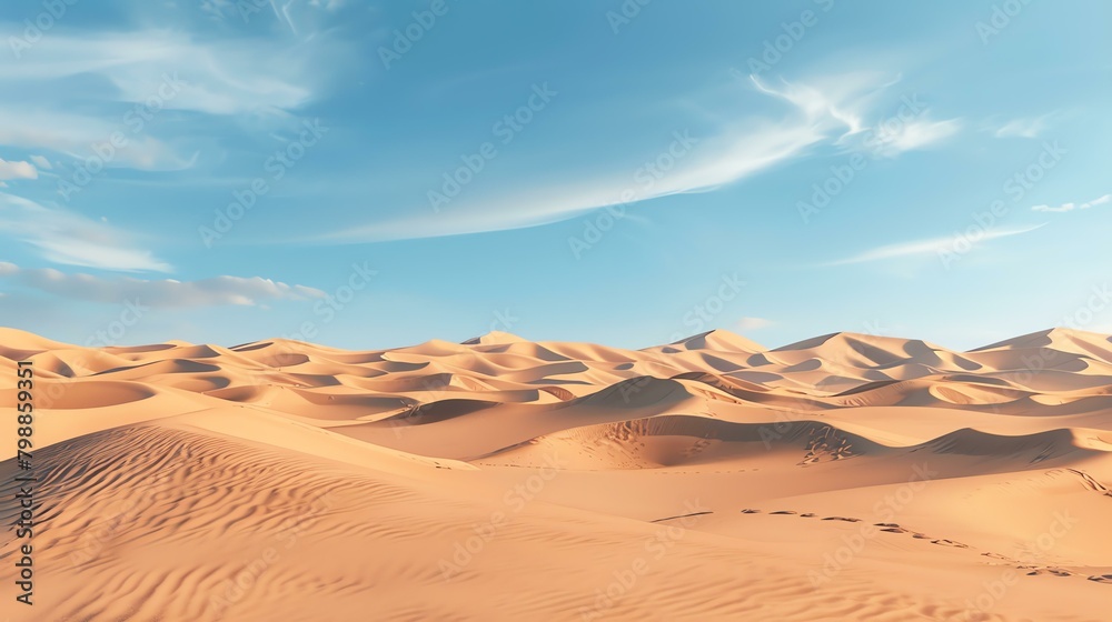 This is a beautiful landscape of a desert with a clear blue sky and rolling sand dunes.