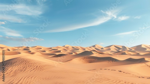 This is a beautiful landscape of a desert with a clear blue sky and rolling sand dunes. photo