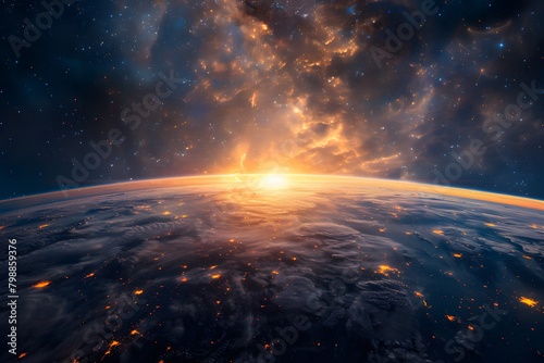 A view of the sun rising over the Earth from space, with the planet's surface glowing with life and the vast cosmos stretching into the infinite
