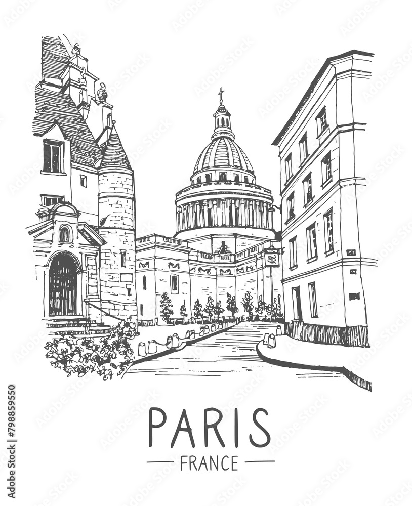Travel sketch illustration of The Pantheon, Paris, France, Europe. Sketchy line art drawing with a pen on paper. Sketch in black color isolated on white background. Freehand drawing. Vector
