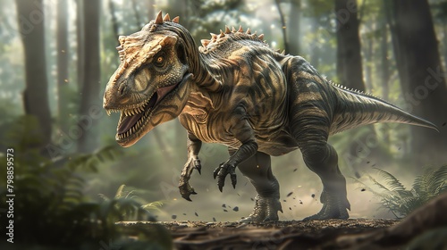 The fearsome Tyrannosaurus Rex stands tall in the forest  its massive jaws open wide and ready to strike.
