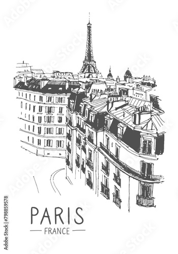 Architecture vector sketch illustration. Travel sketch of Paris France, Europe. Liner sketches architecture of The Eiffel Tower, Paris. Freehand drawing. Sketchy line art drawing with a pen on paper. 