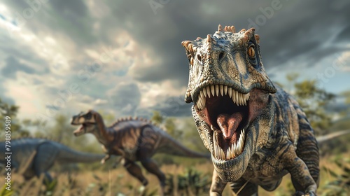 A fearsome Tyrannosaurus Rex stands in the foreground  its mouth wide open and its teeth bared.