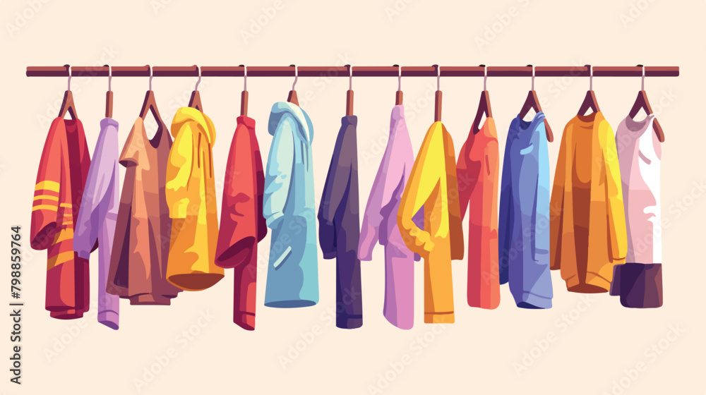 Casual clothes hanging on rack. Garments row on han