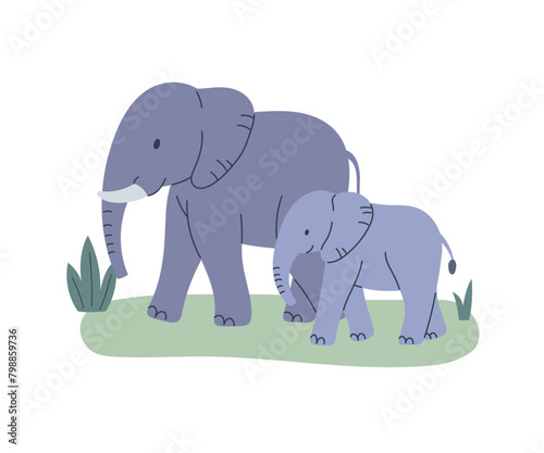 Elephant and baby calf standing on grass. Flat cartoon style vector illustration isolated on white background