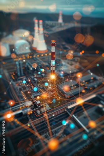 a cooling tower nuclear power station with icons of atoms with molecules and chemical element , symbols, in the style of bokeh panorama 