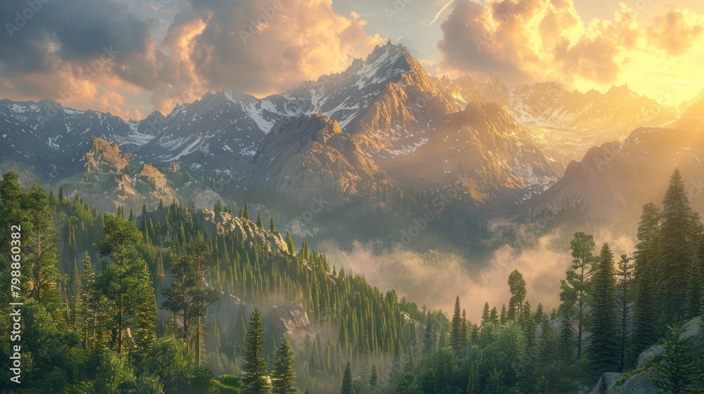 the fading light of day, the mountain landscape is transformed into a scene of ethereal beauty, with forests and rocks illuminated by the soft hues of the setting sun.