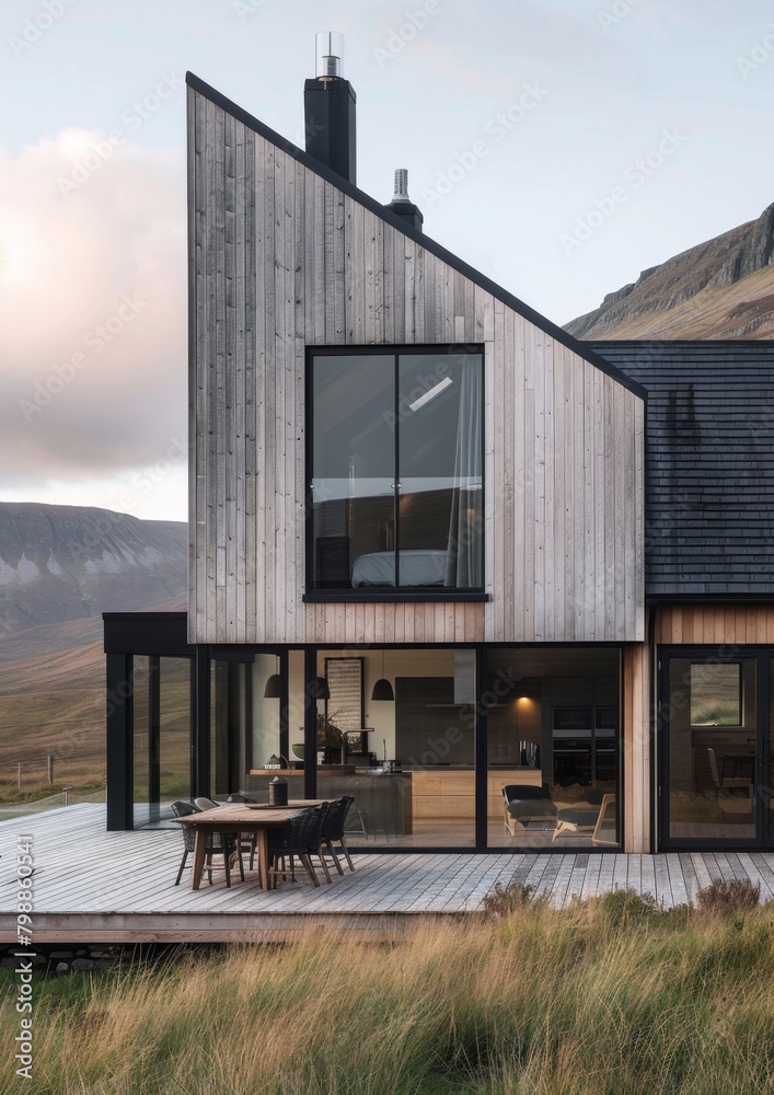 Modern house in the highlands, timber cladding and black windows