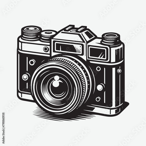 A Camera retro style foto black & white vector. Vintage camera hand drawn ink sketch. Engraved style vector illustration