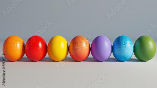 A row of six colorful Easter eggs in a rainbow of colors  including orange  red  yellow  pink  purple  blue  and green.