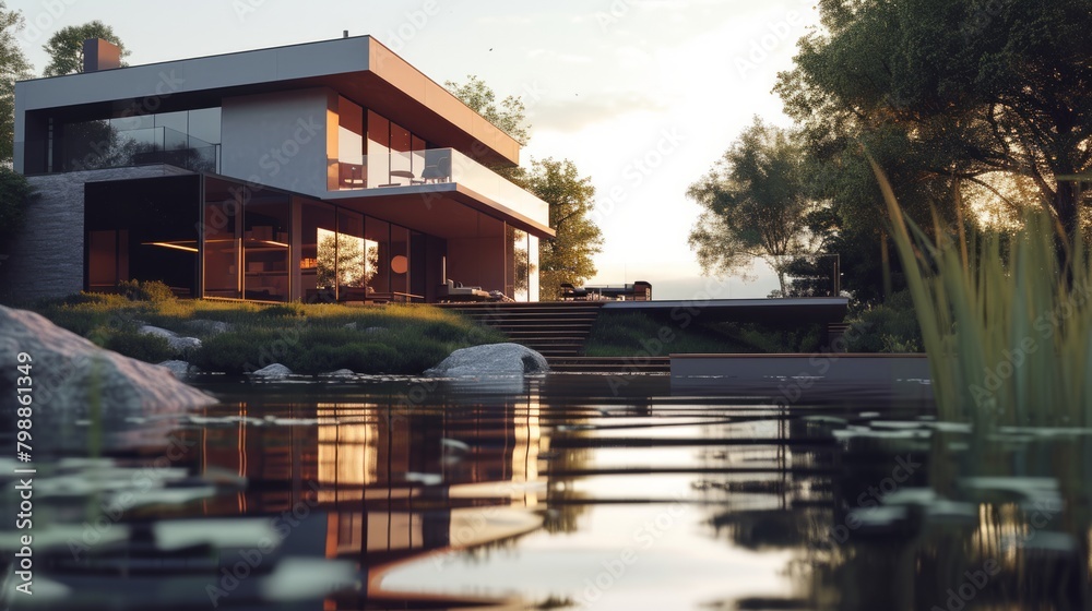 Modern Minimalist Dwelling: Large Glass Panels Frame Green Park Views, 3D Render Modern Minimalist Dwelling: Large Glass Panels Frame Green Park Views, 3D Render