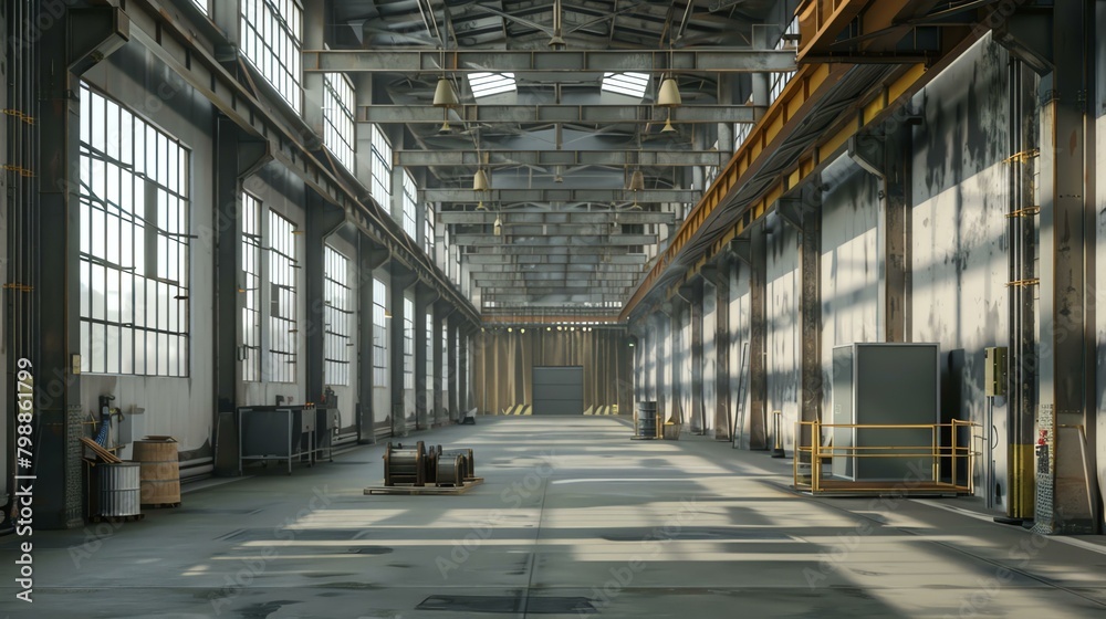 Large empty warehouse with concrete floor and steel beams. The space is illuminated by natural light from the windows on the left side.