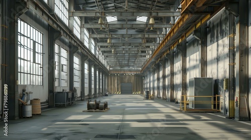 Large empty warehouse with concrete floor and steel beams. The space is illuminated by natural light from the windows on the left side.