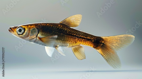 A small, orange fish with a long, flowing tail fin. The fish is swimming in a clear tank with a white background. photo