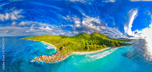 Seychelles, Africa. Panoramic aerial view of La Digue Island on a sunny day photo