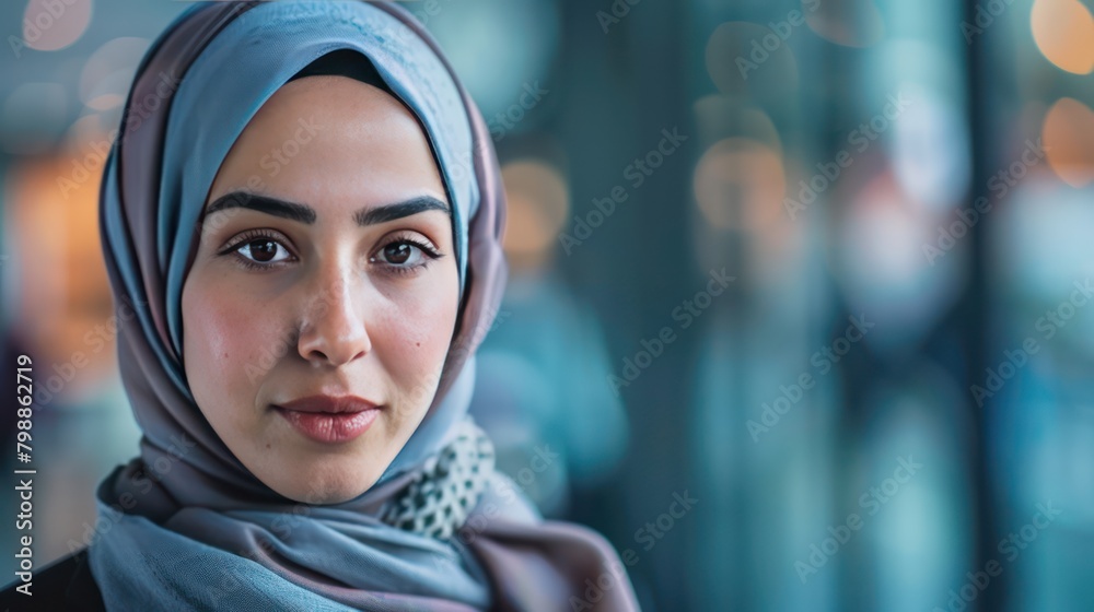Big close up view of the face of a Muslim woman wearing an Islamic headscarf or hijab. Housewives are also office workers, professional businesswomen. Big close up view of the face of a Muslim woman wearing an Islamic headscarf or hijab. Housewives are also office workers, professional businesswomen.