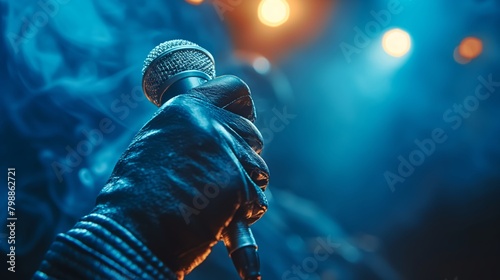 A person wearing a black glove is holding a microphone on a stage. The background is blue and there are some lights in the scene. photo