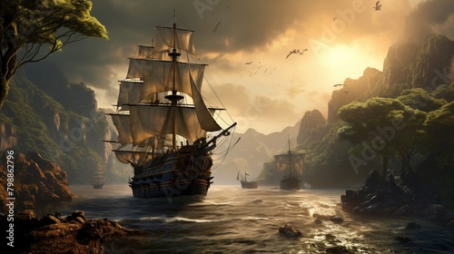 A majestic wonderland filled with pirate ships made of bronze photo