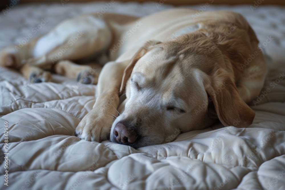 Obraz premium Muzzle of a sleeping white dog close-up.. Beautiful simple AI generated image in 4K, unique.