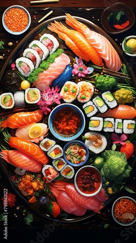 a colorful sushi spread with a modern twist