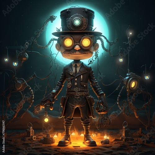 a detailed 3D cartoon character in a steampunk-inspired world illuminated by grow lights