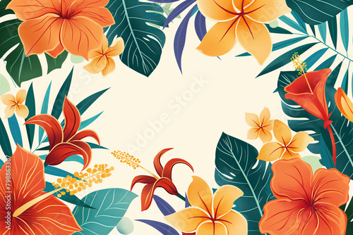 Tropical flowers and green leaves on a white background. Generative AI