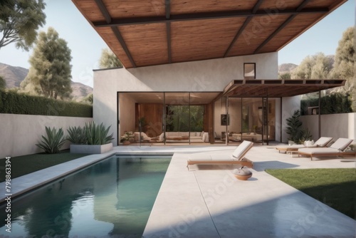 Beautiful modern design architecture image of home with pool. Generative AI.
