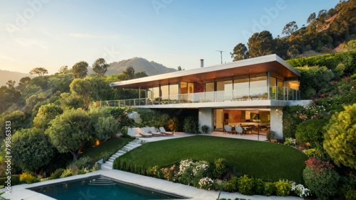 Beautiful modern design architecture image of home with pool. Generative AI. © Lembu