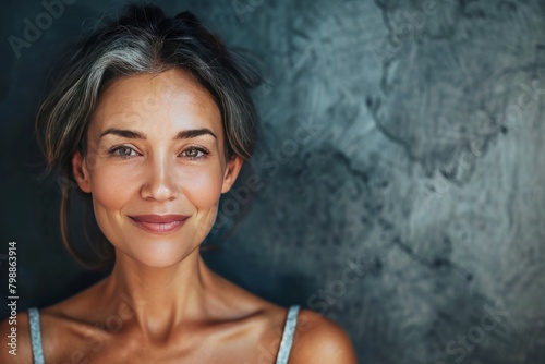 Woman and model facial dynamics focus on clear complexion and slight smile enhancements, integrating skincare and hairstyle divisions into gerontology discussions for older woman care.