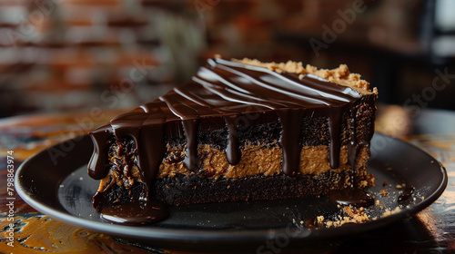 A slice of rich peanut butter chocolate cake drizzled with ganache.