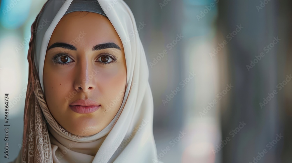 Big close up view of the face of a Muslim woman wearing an Islamic headscarf or hijab. Housewives are also office workers, professional businesswomen. Big close up view of the face of a Muslim woman wearing an Islamic headscarf or hijab. Housewives are also office workers, professional businesswomen.