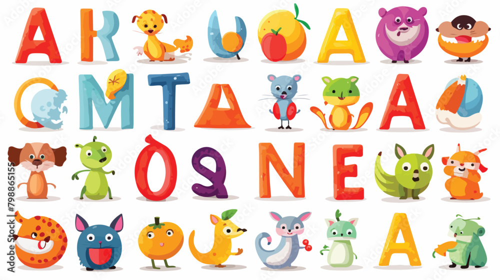 Childish alphabet English letters set with cute ani