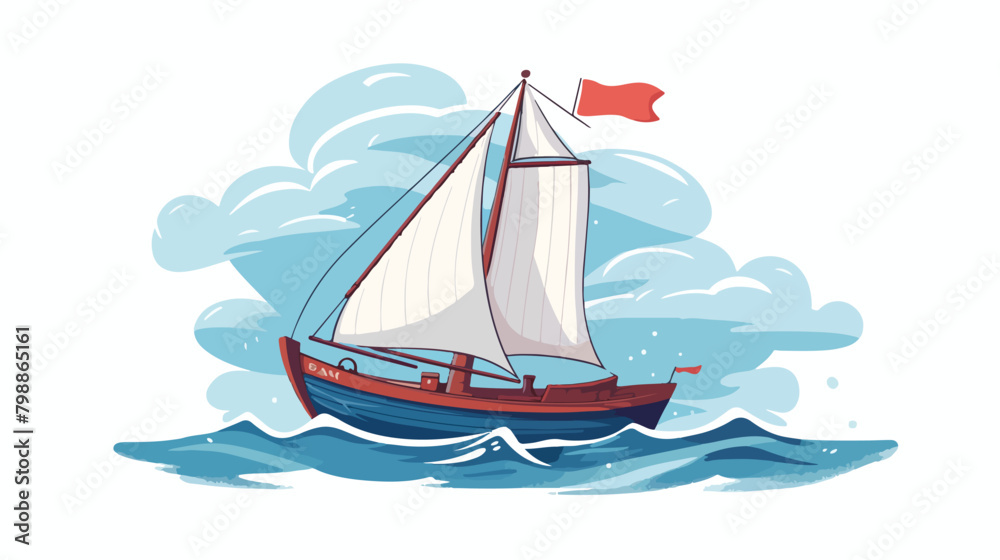 Childish boat with sails and flag floating in sea o