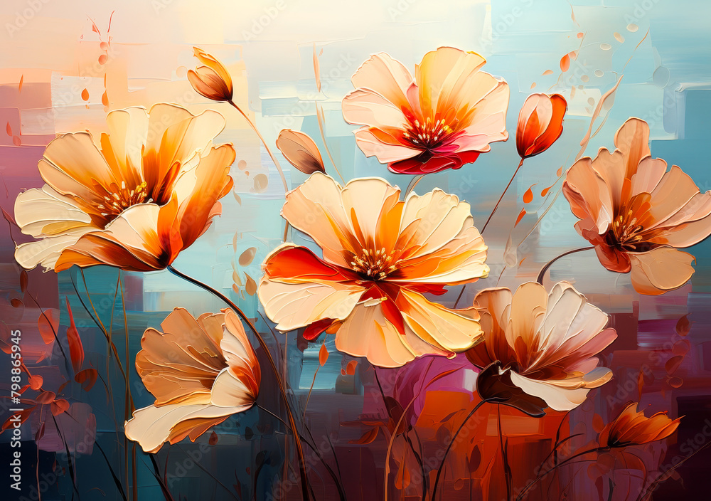 Vibrant Abstract Floral Oil Painting, Golden Textured Paper - Prints, Wallpapers, Posters, Cards, Murals, Rugs, Hangings, Wall Art Vibrant Abstract Floral Oil Painting, Golden Textured Paper - Prints, Wallpapers, Posters, Cards, Murals, Rugs, Hangings, Wall Art