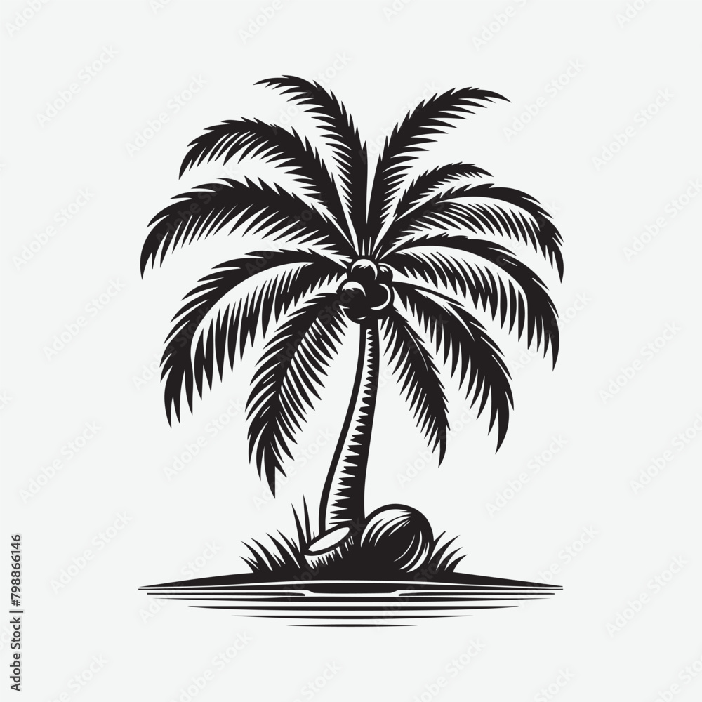 A Coconut tree. Detailed palm and coconut tree silhouette illustrations in black is perfect for adding a touch of tropical paradise to your design projects.