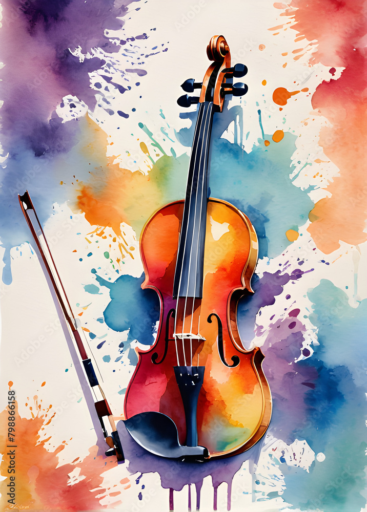 colorful jazz violin. colorful pop art violin wpap, illustration, wall art decoration, cover poster, modern art acrylic illustration	