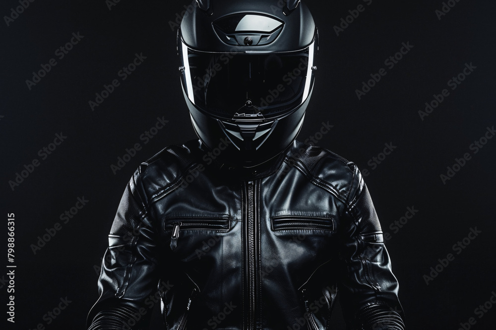 Motorcyclist with Black Helmet and Leather Jacket Motorcyclist with Black Helmet and Leather Jacket