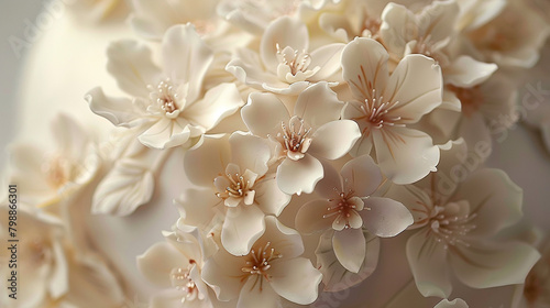 Intricate marzipan flowers embellishing a sophisticated almond-flavored cake creation. © Sobia