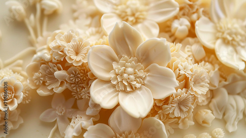 Intricate marzipan flowers embellishing a sophisticated almond-flavored cake creation. © Sobia