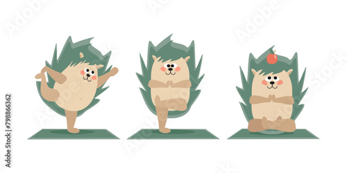 Set a cute funny hedgehog doing yoga on the mat. Exercise, peace of mind. Vector cartoon illustration