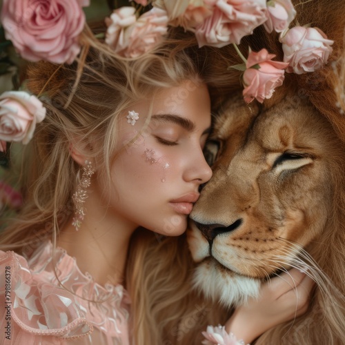 close-up shot  side profile  a woman resting her forehead on a lion forehead