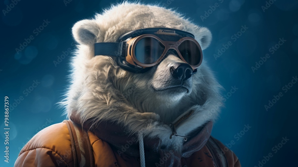 Stylish Polar Bear Wearing Snow Goggles and Winter Gear. Generative ai