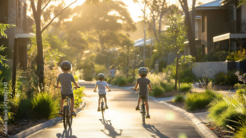kids riding bikes green environmental friendly neighborhood 