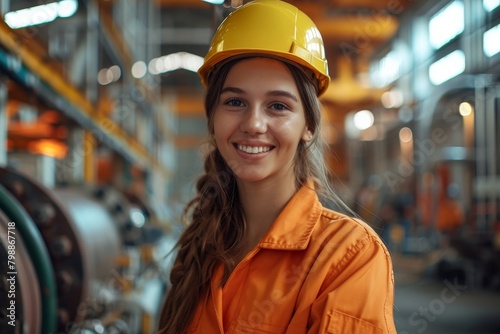 Portrait of smiling engineer woman wearing yellow helmet and orange worker's uniform at factory facility, Generative AI © Silver Lining Shots