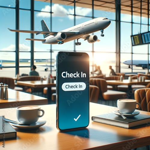 Smartphone Displaying 'Check In' with 3D Plane Above at Airport Cafe photo