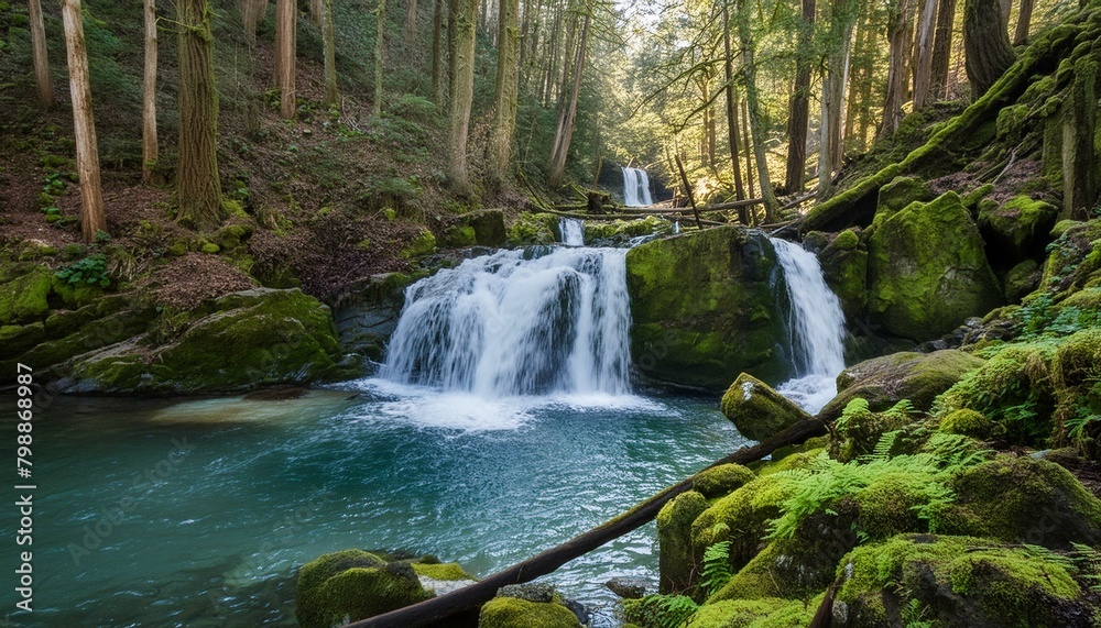Obraz premium Waterfall amidst vibrant forest with rocks covered with green moss