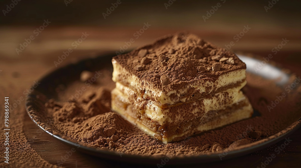 Layers of rich tiramisu cake dusted with cocoa powder.
