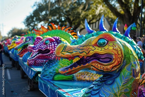 Mardi Gras parade with colorful dragons 