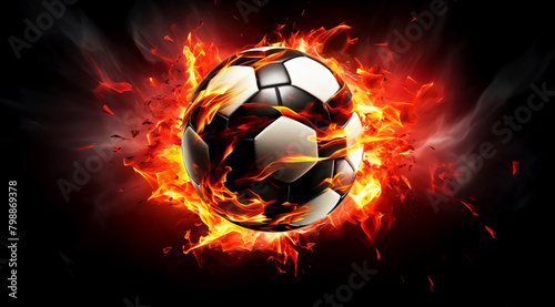Football planet concept, soccer ball engulfed in intense flames gainst dark background, illustrating passion and energy associated with sport and football game, ideal for sports events, presentations photo